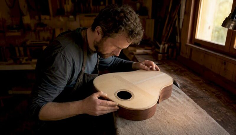 Ein Gitarrenbauer prüft, wie die Gitarre klingt und welche Klangnuancen sie besitzt.