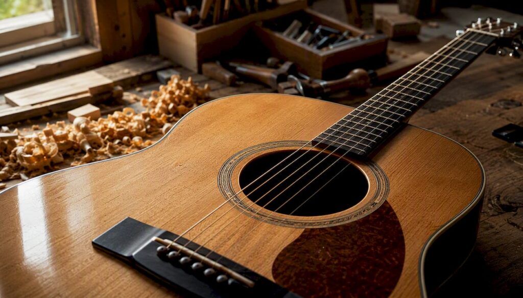 Detailansicht der Decke und des Schalllochs einer Gitarre