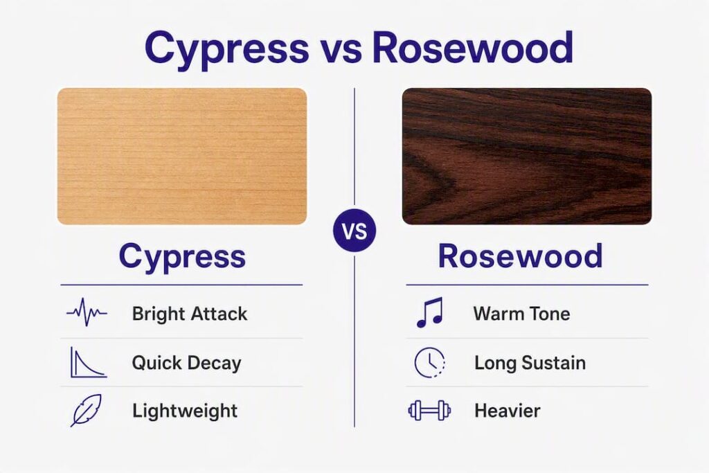 Infographic comparing cypress and rosewood guitar woods