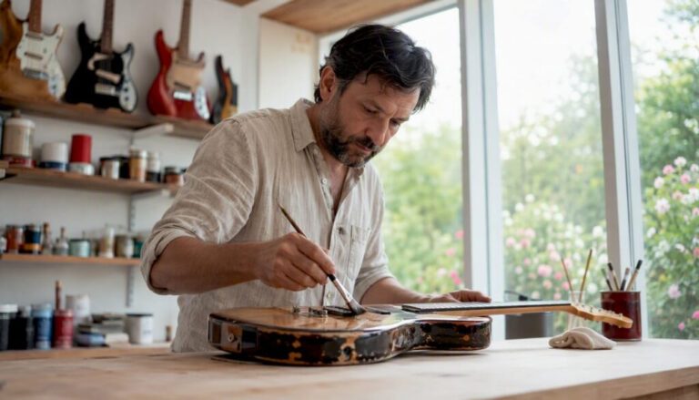 In seiner Werkstatt verleiht der Gitarrenbauer einer alten Vintage-Gitarre mit frischem Lack neuen Glanz.