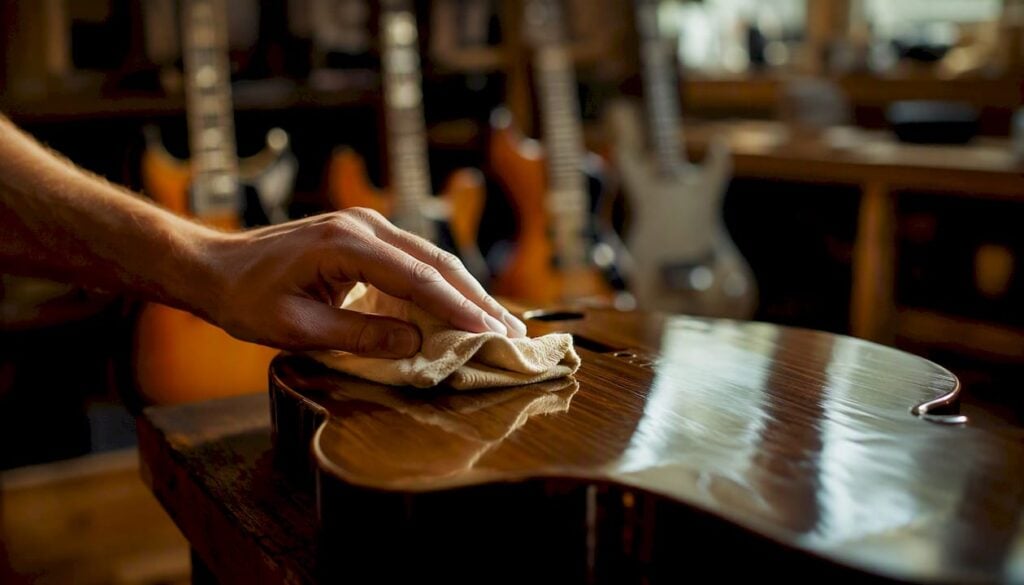 Die Gitarre besticht durch ihre hochglänzende Oberfläche aus handpoliertem Nitrolack.