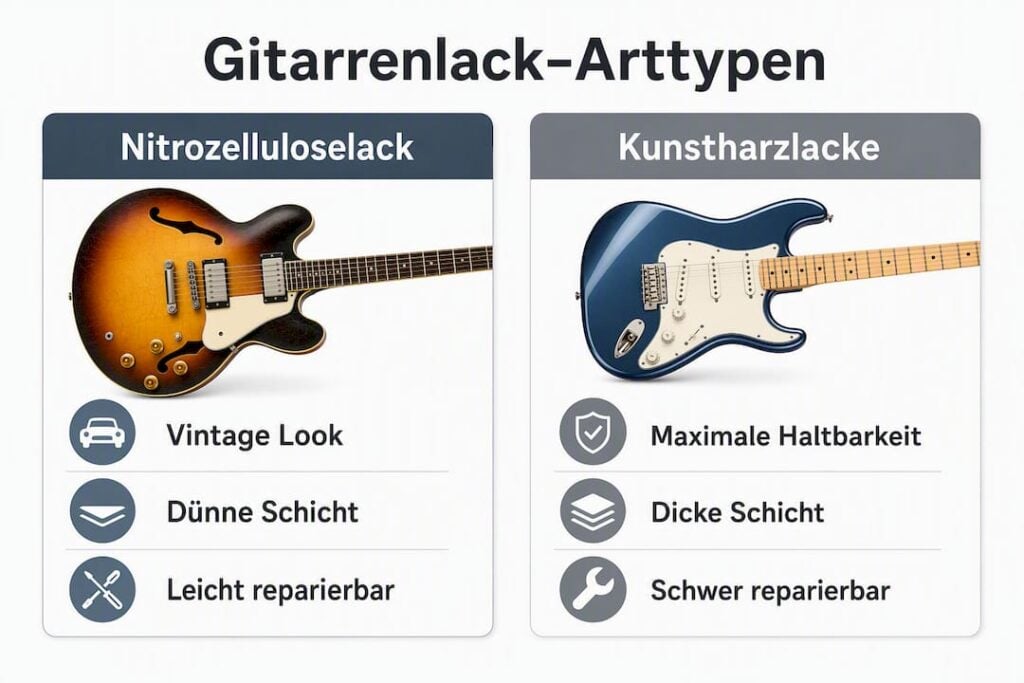 Die Infografik veranschaulicht die Unterschiede zwischen verschiedenen Gitarrenlacken.
