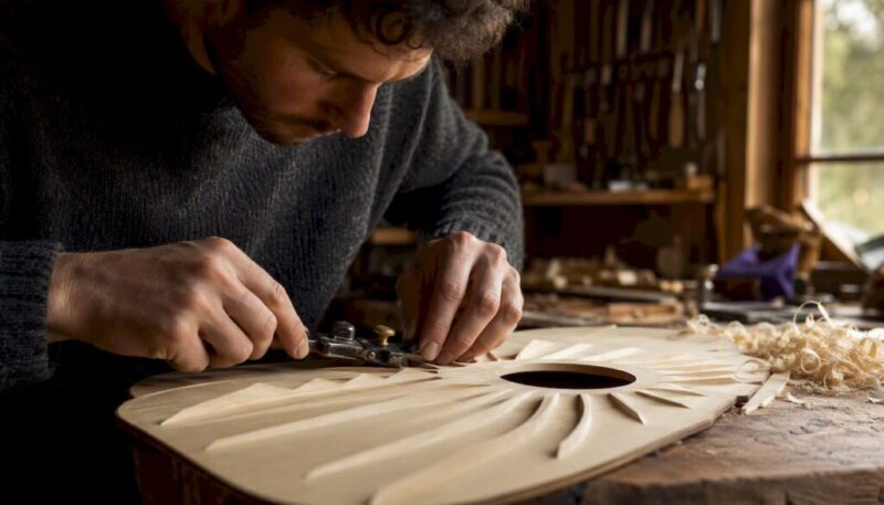 Luthier hand shaping scalloped guitar brace