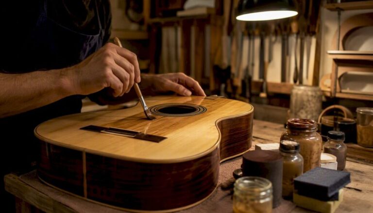 Hands brushing guitar finish coating