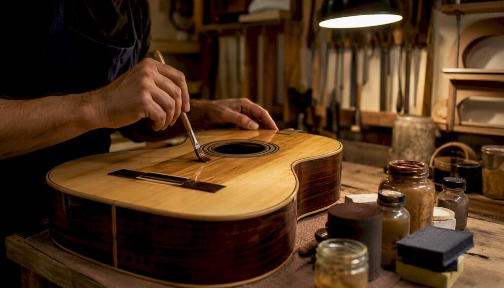 Hands brushing guitar finish coating