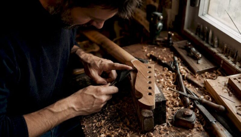 Luthier carving angled guitar headstock
