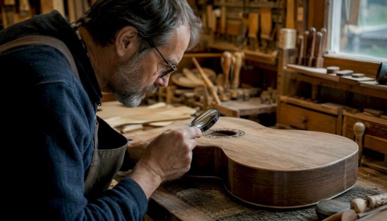 Mit den Händen wird die Maserung eines alten Gitarrenholzes sorgfältig begutachtet.
