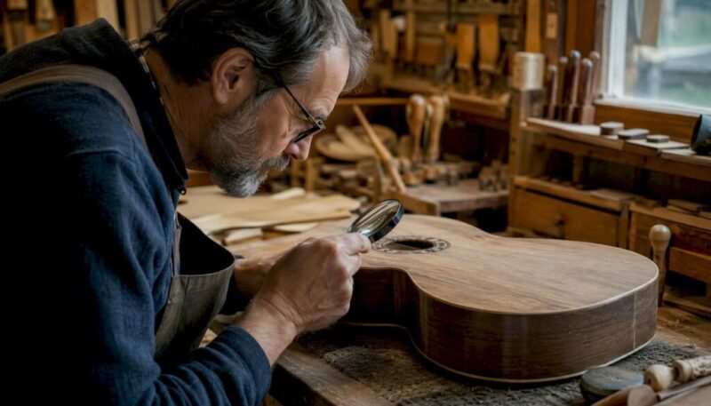 Mit den Händen wird die Maserung eines alten Gitarrenholzes sorgfältig begutachtet.