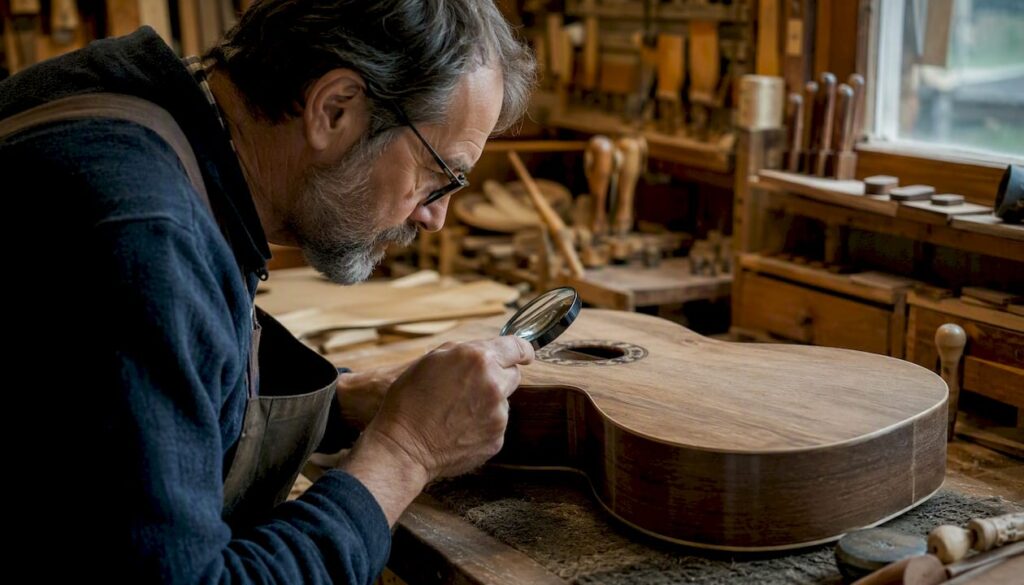 Mit den Händen wird die Maserung eines alten Gitarrenholzes sorgfältig begutachtet.