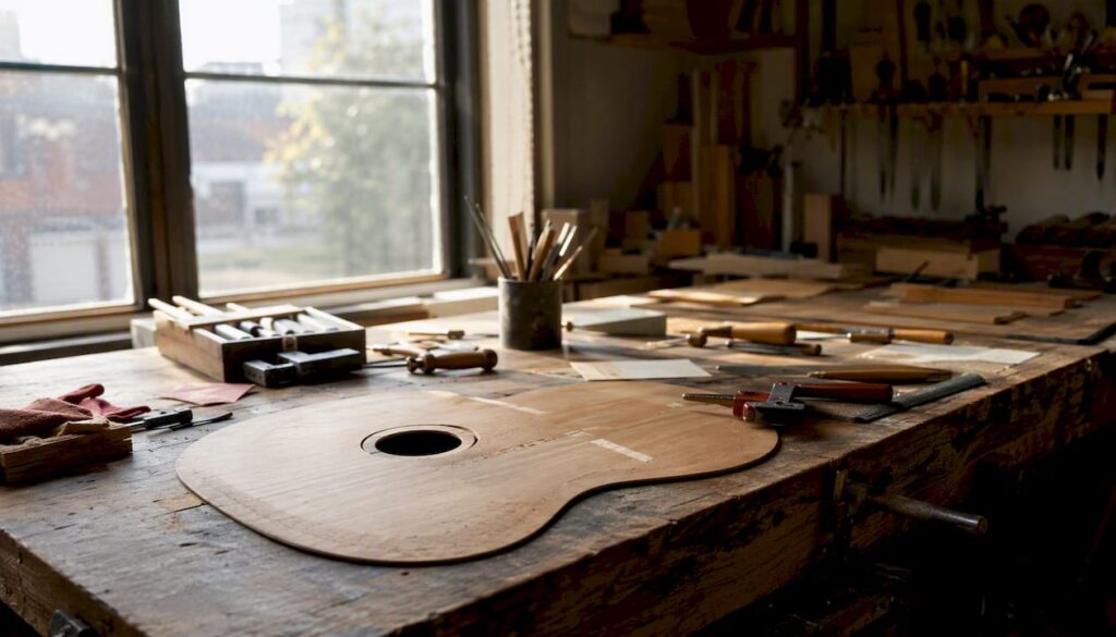 Teilrestaurierte Decke einer Vintage-Gitarre – das passende Werkzeug liegt schon bereit.