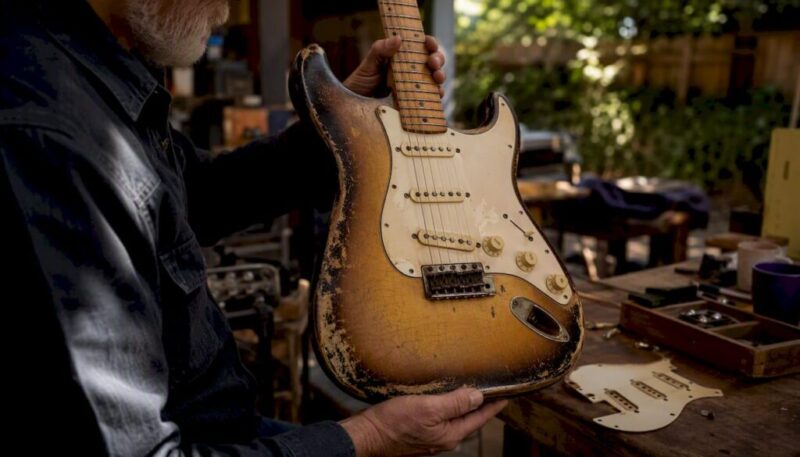 Hands examining aged finish on vintage guitar