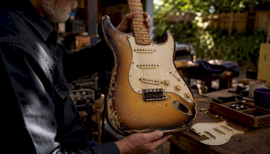 Hands examining aged finish on vintage guitar