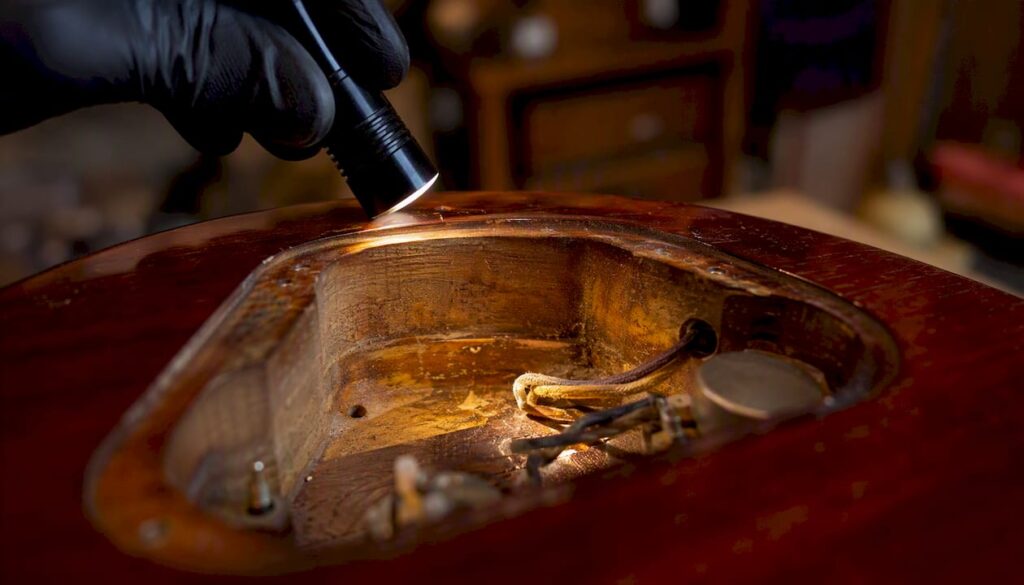 Close-up of control cavity with original guitar finish