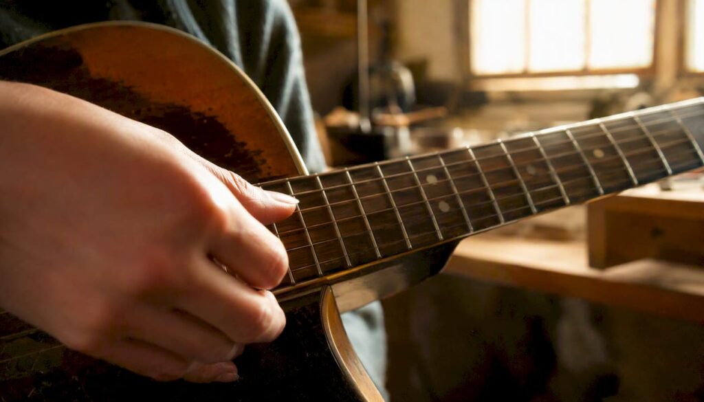 Die Hand befindet sich beim Anschlagen der Saiten direkt am Gitarrenhals.