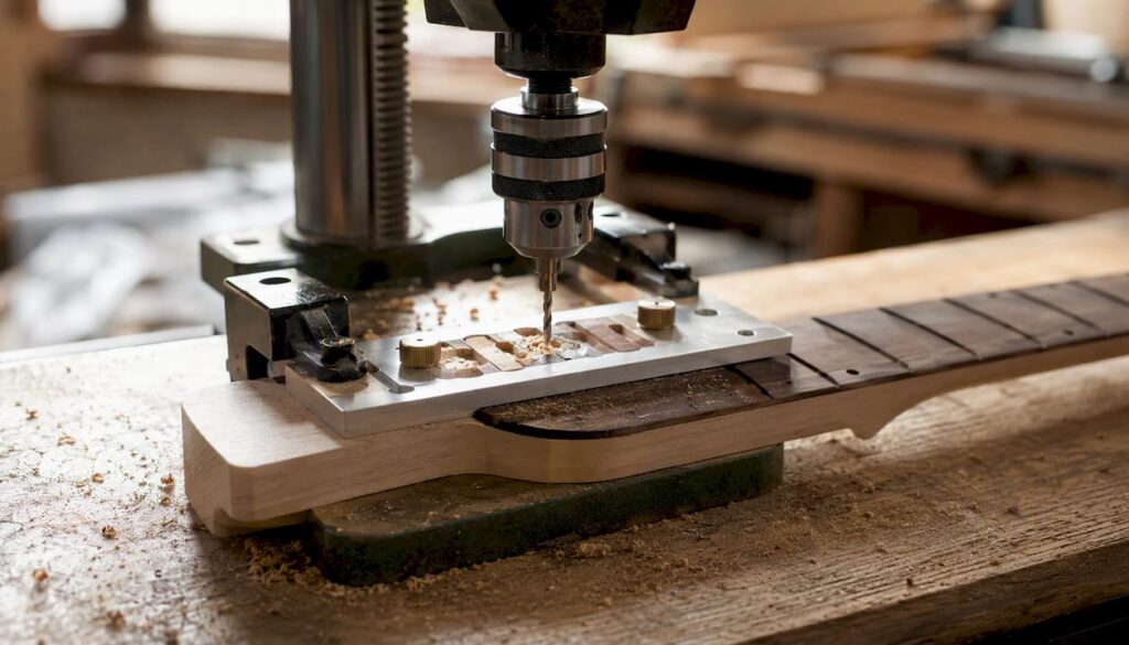 Mit der Bohrmaschine wird die Halstasche für die Gitarre ausgearbeitet.