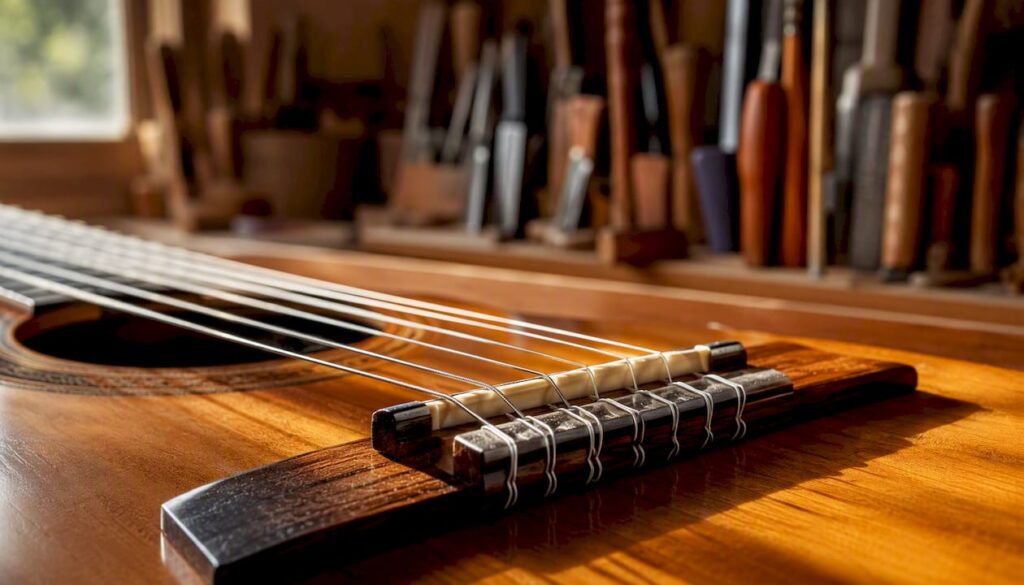 Close-up of classical guitar strings showing proportional spacing