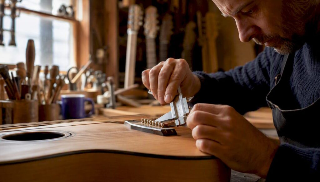Luthier adjusting guitar string spacing