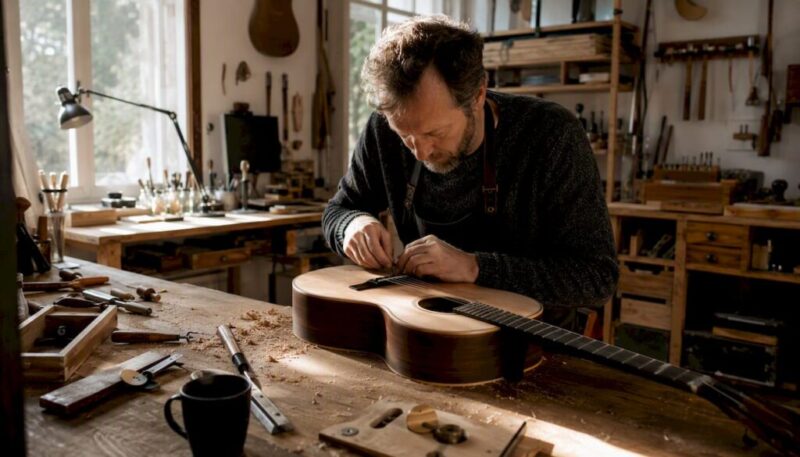 Ein Gitarrenbauer setzt sorgfältig den Rohling für die Stegeinlage auf den Korpus der Gitarre.