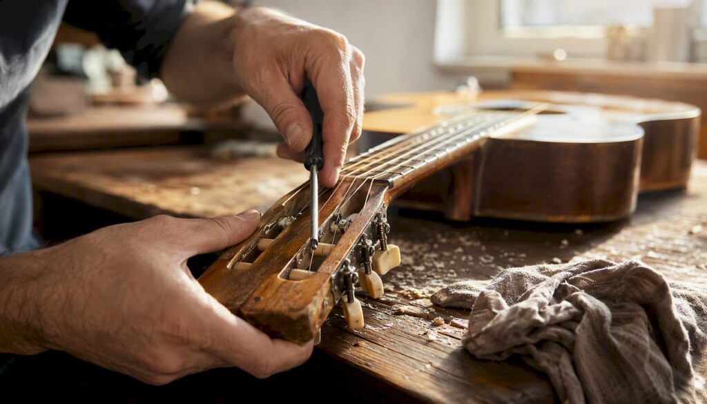 Mit sauberen Händen die Mechaniken der Gitarre reinigen und nachjustieren.
