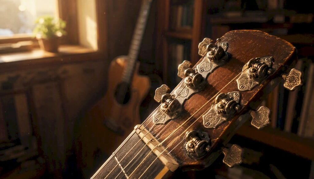 Detailaufnahme der originalen Stimmmechaniken an einer Vintage-Gitarre
