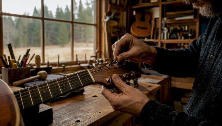 Nahaufnahme: Eine Hand stimmt die Mechaniken einer Vintage-Gitarre