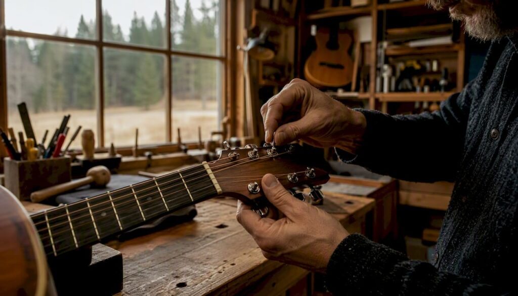 Nahaufnahme: Eine Hand stimmt die Mechaniken einer Vintage-Gitarre
