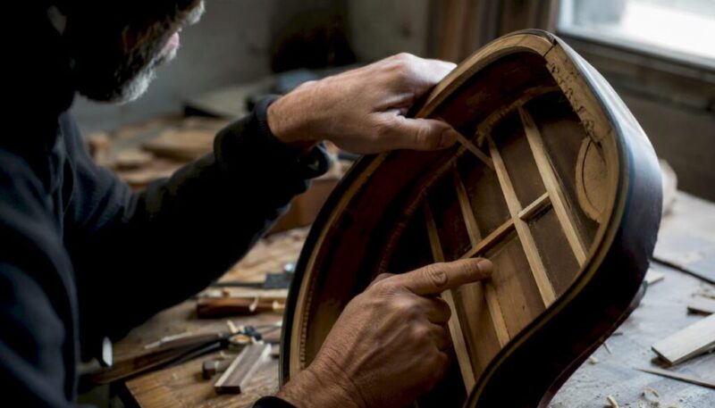 Detailaufnahme der Innenverstrebung einer Vintage-Gitarre