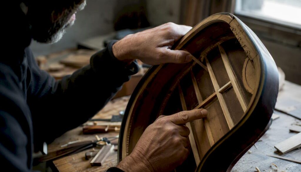 Detailaufnahme der Innenverstrebung einer Vintage-Gitarre