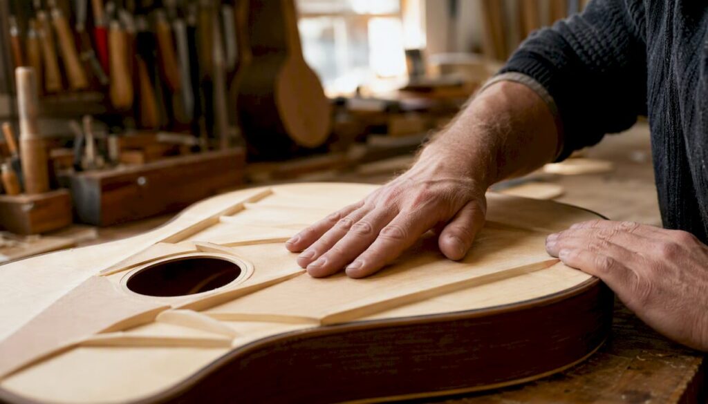 Mit den Fingern sanft auf die Decke der Gitarre klopfen, um den Zustand der Verstrebungen zu überprüfen.
