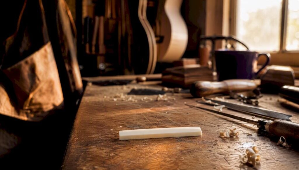 Close-up of guitar saddle on workbench