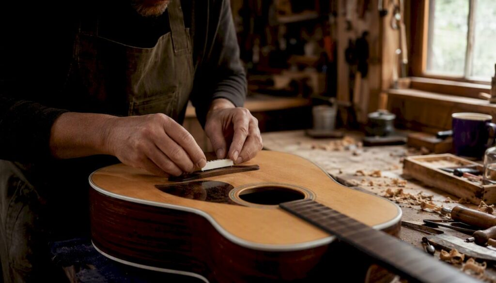 Hands fitting guitar saddle into bridge