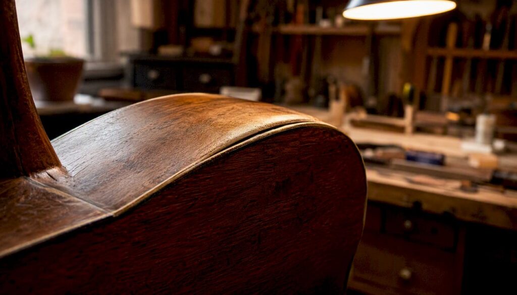 Close-up of acoustic guitar top wood belly