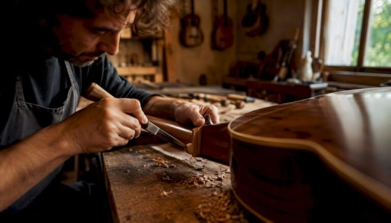 Luthier chiseling acoustic guitar neck heel wedge