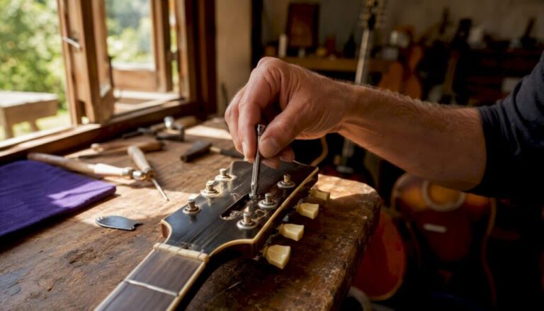 Hand adjusting guitar truss rod at headstock