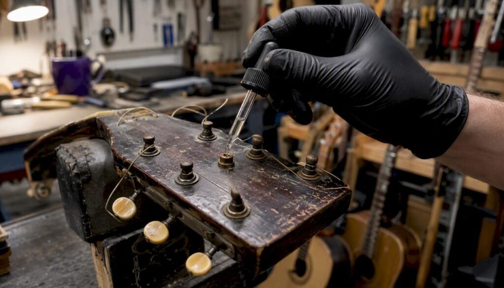 Technician oiling seized guitar truss rod nut
