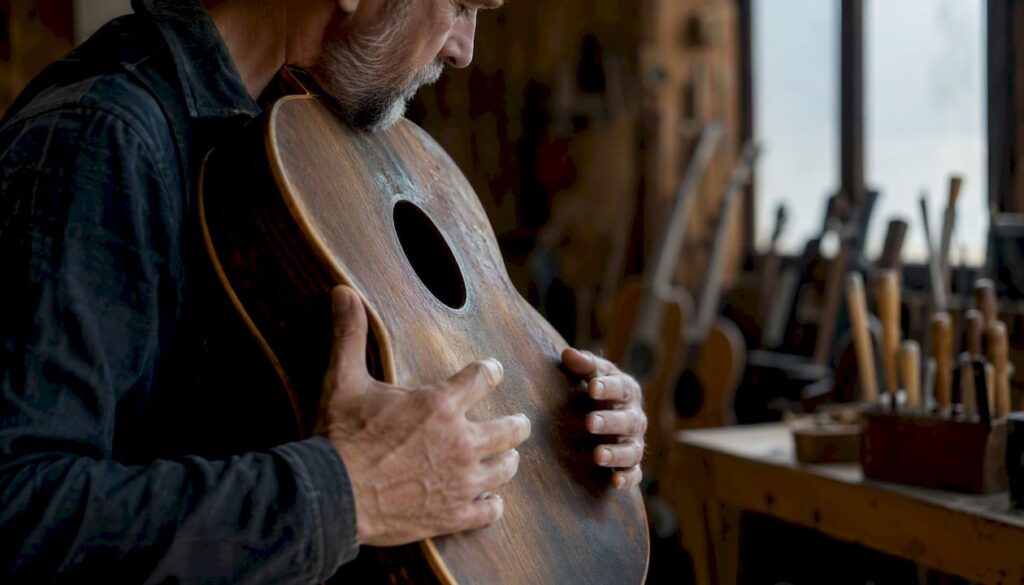 Mit den Händen werden die Saiten der Gitarre gezupft, um zu spüren, wie der Körper des Instruments vibriert.