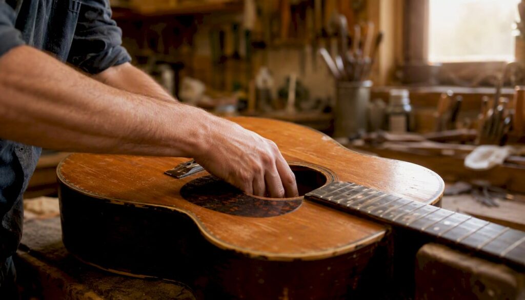 Mit der Hand wird sorgfältig die innere Verstrebung einer alten Gitarre geprüft.