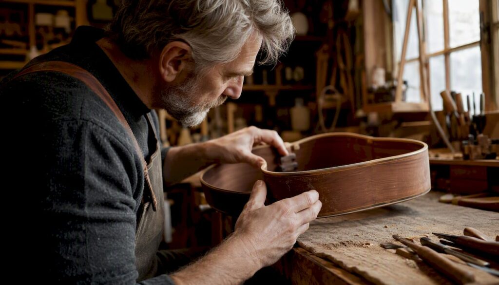 Mit der Hand wird das Holz an der Seite einer alten Gitarre sorgfältig begutachtet.