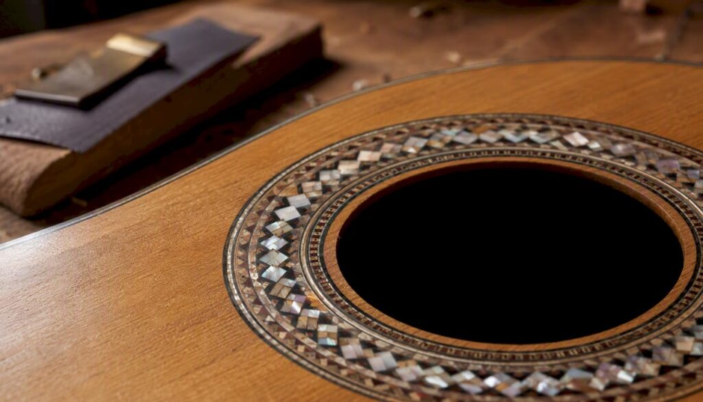 Close-up of guitar rosette mosaic inlay