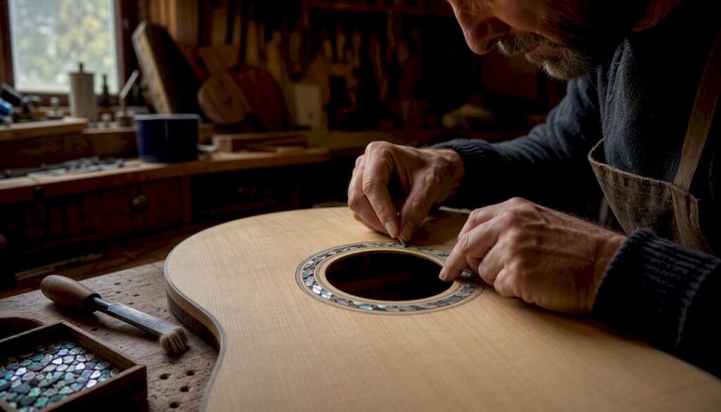 Luthier fitting guitar rosette mosaic tiles