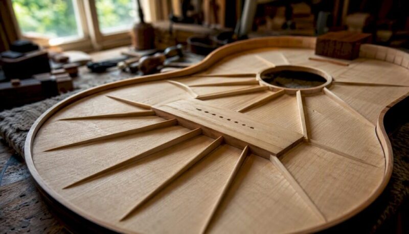 Close-up of classical guitar fan bracing inside