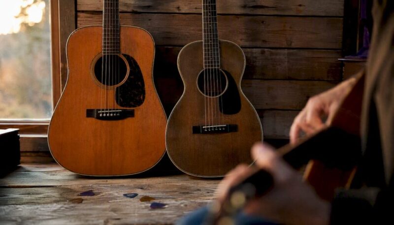 Two vintage acoustic guitar bodies side by side