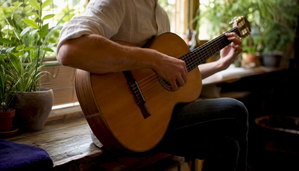 Player holding guitar showing ergonomic fit and posture