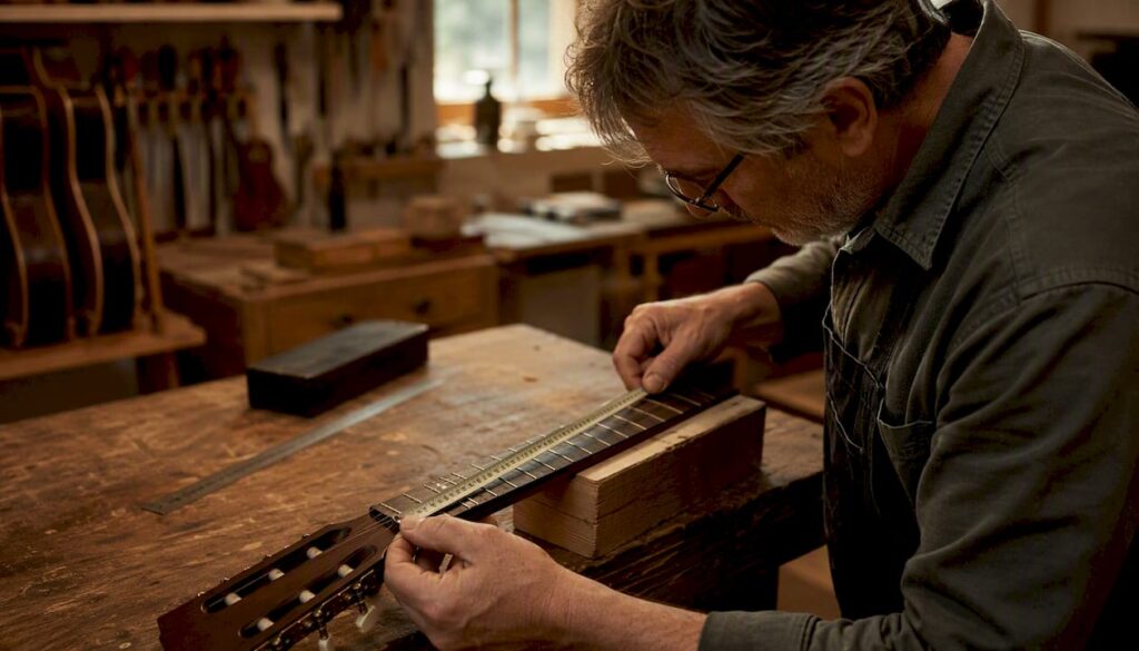 Hände messen die Mensur eines Gitarrenhalses aus