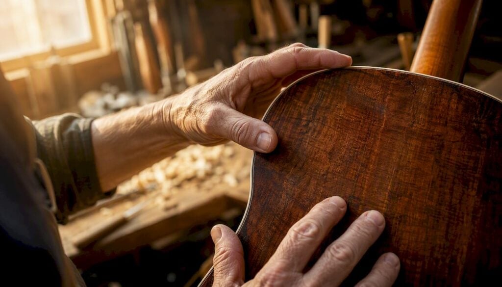 Hands inspecting vintage guitar finish