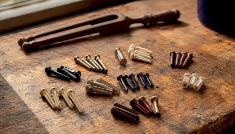 Close-up of different guitar bridge pins