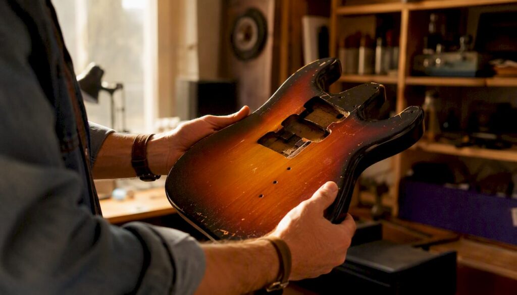 Hands inspecting burst finish under light