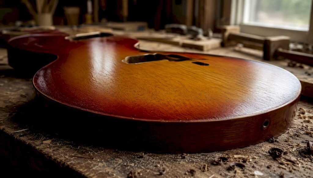 Close-up of vintage guitar burst finish