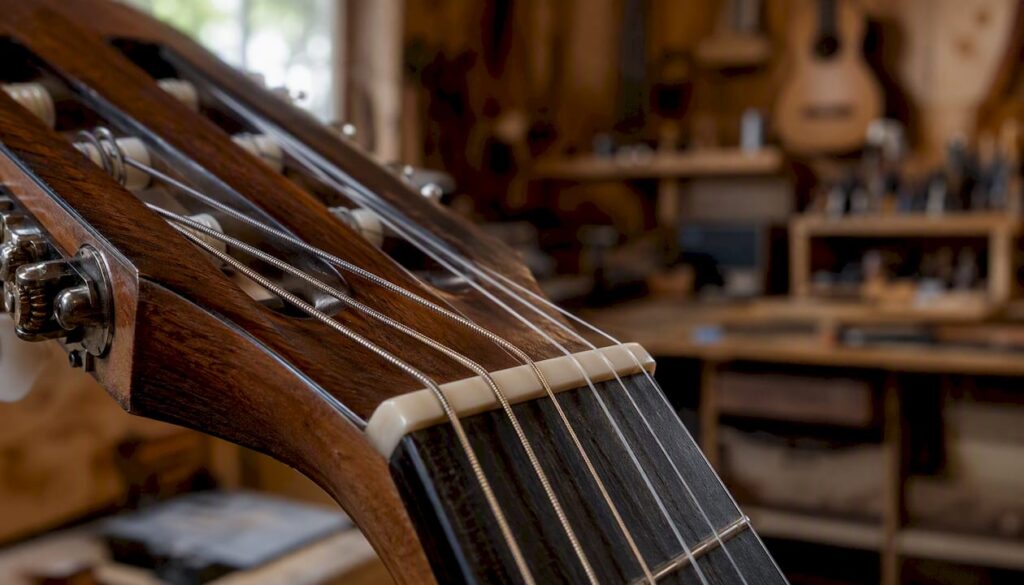Detailaufnahme der Gitarrensaiten am Sattel aus einem speziellen Winkel