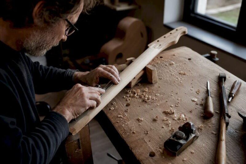 Ein Gitarrenbauer bringt das Halsprofil einer Gitarre in die gewünschte Form.